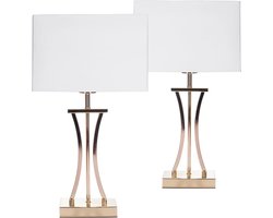 Set van 2 Tafellampen Slaapkamer of Nachtkastje - Vintage Gouden Kolom Design - Metaal en Linnen - Hoogte 50 cm