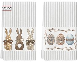 Set van 2 theedoeken met Pasen konijn motief - Zachte keukenhanddoeken voor lente decoratie