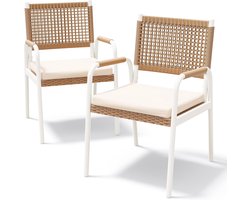 Set van 2 Tuinstoelen inclusief Kussens - Rotan Wicker Balkonstoelen met Metalen Frame - Weerbestendig - Wit & Bruin