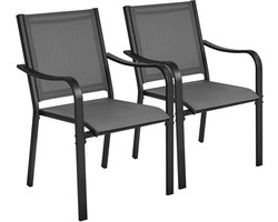 Set van 2 tuinstoelen, stapelbaar, eetkamerstoel, tuinstoel, weerbestendig, armleuningen voor tuin/terras/binnenplaats, tot 136 kg belastbaar, grijs