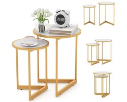 Set van 2 uittrekbare ronde salontafels met marmereffect en gouden poten