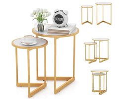 Set van 2 uittrekbare ronde salontafels met marmereffect en gouden poten