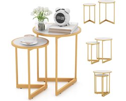 Set van 2 uittrekbare ronde salontafels met marmereffect en gouden poten