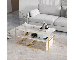 Set van 2 Uittrekbare Salontafels Rechthoekig met Marmeren Look en Goudkleurig Frame