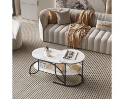 Set van 2 Uittrekbare Salontafels Rond en Ovaal met Opbergruimte - Verstelbare Woonkamertafels