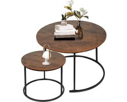 Set van 2 uittrekbare salontafels, ronde salontafel, woonkamer, stapelbaar, industrieel design, metalen poten, marmerlook en gouden stalen voet, industrieel design (donker hout + zwart, 60 x 60 x 45