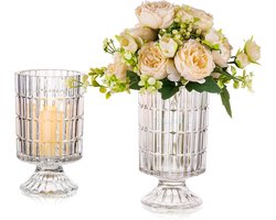 Set van 2 unieke glazen compote vazen - kristallen vaas voet decor - heldere bloemenvazen voor woonkamerdecoraties - orkaan sokkel urn voor eettafel ornament op voet