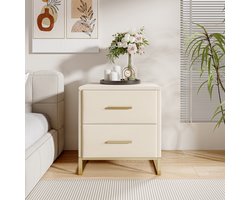 Set van 2 Velvet Nachtkastjes Beige – Luxe Nachtkastje met 2 Laden, Gouden Handgrepen & Metalen Onderstel – Modern Slaapkamerkastje