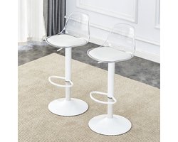 Set van 2 verstelbare ligstoeltjes: transparante rugleuning + witte metalen poten, in hoogte verstelbaar van 82-104 cm, 360° draaibaar.