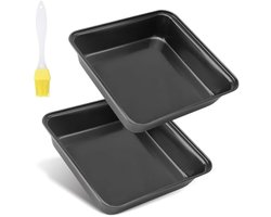 Set van 2 vierkante ovenschalen van roestvrij staal met antiaanbaklaag, ideaal voor taarten, brownies, lasagne met gele oliekwast, 22 x 22 x 5,5 cm, zwart