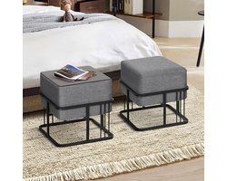 Set van 2 Vierkante Poef en Bijzettafel Stapelbaar Textiel Donkergrijs Zwart