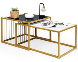 Set van 2 Vierkante Salontafels met Marmerlook en Gouden Frame - Nestelbaar en Ruimtebesparend