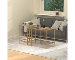 Set van 2 vierkante salontafels – Moderne woonkamertafels van glas, klein bijzettafeltje voor woonkamer, slaapkamer of kantoor, goud, 60/40 cm