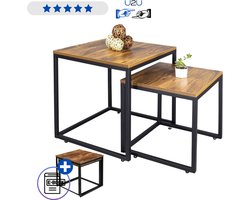 Set van 2 vierkante salontafels rustiek houtlook 45x50 en 40x45 cm, 2-in-1 bijzettafels stapelbaar design met MDF blad in vintage eiken en zwart stalen frame, industriële loft tafels voor woonkamer kantoor of zithoek ruimtebesparend Met Ebook