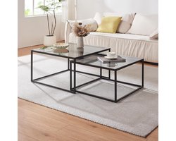 Set van 2 Vierkante Salontafels Stapelbaar Rookglas Zwart en Grijs