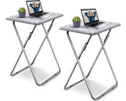 Set van 2 Vouwbare Bijzettafels - Witte Marmer Afwerking - 37x47x66 cm - Inklapbare Balkon Tafel - Kleine Vouwtafel - Rechthoekige Bijzettafel voor Woonkamer, Eetkamer, Tuin en Patio - Multifunctionele Opvouwbare Tafel voor Binnen en Buiten