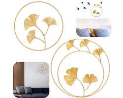 Set van 2 wanddecoraties – Wandhangers – Woonkamerdecoratie – Wandkunst van ijzer – Fotografie rekwisieten – Ginkgoblad patroon – Voor woonkamer, badkamer, slaapkamer, kantoor, keuken (24 cm, 28 cm – Goud)