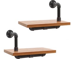 Set van 2 wandplanken MCW-N29, hangende plank boekenkast, 3D structuur industrieel staal massief hout 29x45x25cm ~ natuur