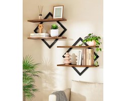 Set van 2 Wandrekken met 2 Niveaus - Zwevende Wandplanken met Metalen Frame - Rustiek Bruin en Zwart - Hangrek voor Woonkamer, Slaapkamer, Keuken en Kantoor DTBJ01P2BF