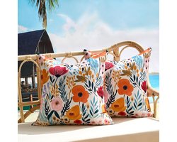 Set van 2 waterdichte buitenkussens, roze oranje bloem boerderij gooien kussens, vierkante decoratieve lente zomer bloemen afdrukken indoor kussens voor patio tent bed bank woonkamer