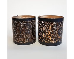 Set van 2 waxinelichtjeshouder / theelichthouder / windlicht - Zwart / goud - 9 x 9 x 10 cm hoog.