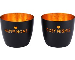Set van 2 Windlicht / theelichthouder / waxinelichtjeshouder 'Happy Home' / 'Cosy Nights' - Zwart / goud - 10 x 10 x 10 cm hoog.