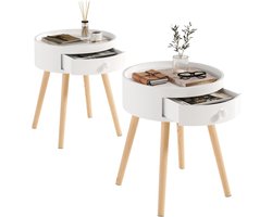 Set van 2 Wit Nachtkastjes met Lade en Houten Poten - Modern Bijzettafeltje