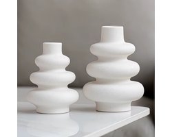 Set van 2 Witte Decoratieve Vazen – Modern Design – Keramiek – Voor Droogbloemen of als Losse Decoratie