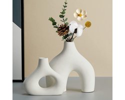 Set van 2 Witte Keramische Vazen voor Moderne Boho en Minimalistische Decoratie in Woonkamer, Bruiloft en Kantoor