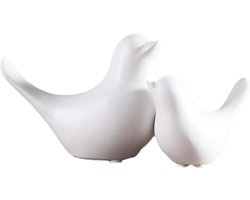 Set van 2 Witte Keramische Vogel Beeldjes voor Woondecoratie