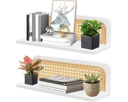Set van 2 Witte Rotan Wandplanken - Boho Stijl & Zwevend | Ideaal voor Slaapkamer, Keuken, Badkamer & Woonkamer (40x12,2x13 cm)