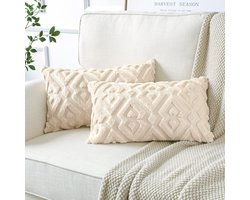 Set van 2 wollen kussenhoezen, zacht pluche, kort wolfluweel, decoratieve kussenovertrekken, luxe bankkussen, Europese kussenhoes voor bank, slaapkamer, geometrisch, crème, beige, 40 x 60 cm