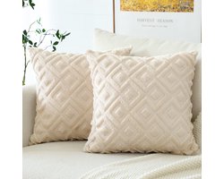 Set van 2 wollen kussenhoezen, zacht pluche, kort wolfluweel, decoratieve kussenovertrekken, luxe bankkussens, boho-kussenhoes voor bank, slaapkamer, geometrisch, crème, beige, 40 x 40 cm