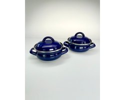 set van 2 x Mini pannetje met deksel Ø 13cm x H-6cm blauw emaille 1set is 2 pannetjes.