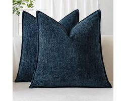 Set van 2 Zachte Chenille Kussenhoezen 60x60cm, Vierkante Decoratieve Sloop met Gestikt Rand, Effen Geverfde Kussenhoezen voor Woondecoratie, Sofa, Bed, Woonkamer, Marineblauw
