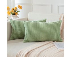 Set van 2 zachte corduroy gestreepte kussenhoezen 30x50cm, boho decoratieve kussenhoezen, lendenkussenhoes voor woondecoratie, kussenhoezen voor bank en slaapkamer 12x20 inch (saliegroen)