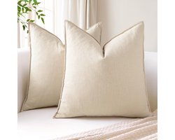 Set van 2 zachte linnen decoratieve kussenhoezen 60cm x 60cm effen landelijke sierkussenhoezen boho accent kussenhoezen voor bank fauteuil stoel slaapkamer woondecoratie, crèmewit