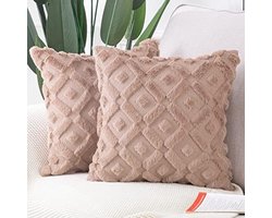 Set van 2 zachte pluche korte wol fluwelen decoratieve kussenhoezen voor bank of slaapkamer - 50x50 cm - Bruin