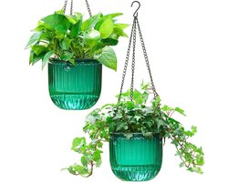 Set van 2 zelfbewaterende hangende plantenbakken voor binnen bloempotten, 16,5 cm buiten hangende mand, plantenhanger met 3 haken drainagegaten voor tuin huis (Emerald)