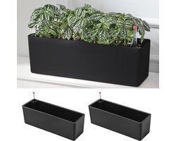 Set van 2 Zelfbewaterende Plantenbakken voor Kamerplanten - Zwarte Rechthoekige Bloempotten 40 cm - Decoratief en Modern voor Balkon en Vensterbank