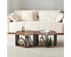 Set van 2 Zeshoekige Salontafels met Opbergruimte in Zwart en Walnoot