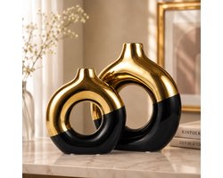 Set van 2 zwart-gouden keramische bloemvazen - ronde donutvormige decoratieve vazen voor pampasgras en bloemen, modern boho-design voor op tafel of schouw