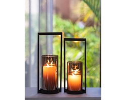 Set van 2 Zwarte Kaarshouders met Grijs Glas - Windvaste Kandelaars voor Stompkaarsen - Moderne Tafeldecoratie