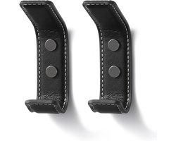 Set van 2 zwarte leren kapstokhaken voor jassen, handdoeken en accessoires - geschikt voor slaapkamer, hal en kast
