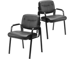 Set van 2 zwarte PU-leren vergaderstoelen met armleuningen en lendensteun – Zonder wielen, metalen frame, ideaal voor kantoor & lobby