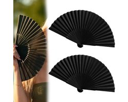 Set van 2 zwarte zijden bamboe handfans voor mannen en vrouwen, grote opvouwbare fans voor bruiloften, feesten en sauna's, lichtgewicht en vintage stijl.