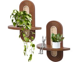 Set van 2 Zwevende Rotan Wandplanken - Boho Natuurlijk Hout Decoratie