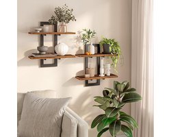 Set van 2 Zwevende Wandplanken - Wandgemonteerde Opbergrekken met 2 Niveaus - Rustiek Bruin Houtlook met Zwart Metalen Frame - Voor Keuken, Woonkamer en Badkamer EBF32BJ01