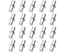 Set van 20 cilindrische plankhouders van 6 mm x 17 mm, zinklegering, voor kasten en kledingkasten, ideaal voor houten planken en glazen panelen