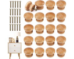Set van 20 Houten Meubelknoppen, 28 x 21mm Ronde Onbewerkte Knoppen voor Deuren en Laden, Inclusief Schroeven voor Kasten en Nachtkastjes